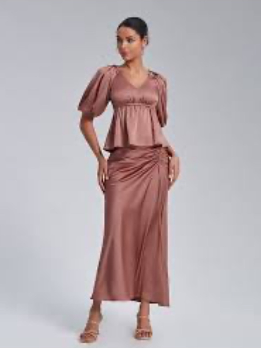 ADOR Midi Satin Rosa skirt set 2 Piece Peplum Shirred NWT L